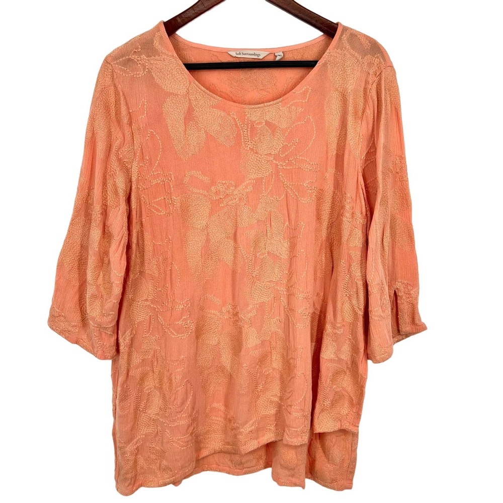 Soft Surroundings Womens Size Large Peach Orange Floral Lace Blouse Shirt Top
